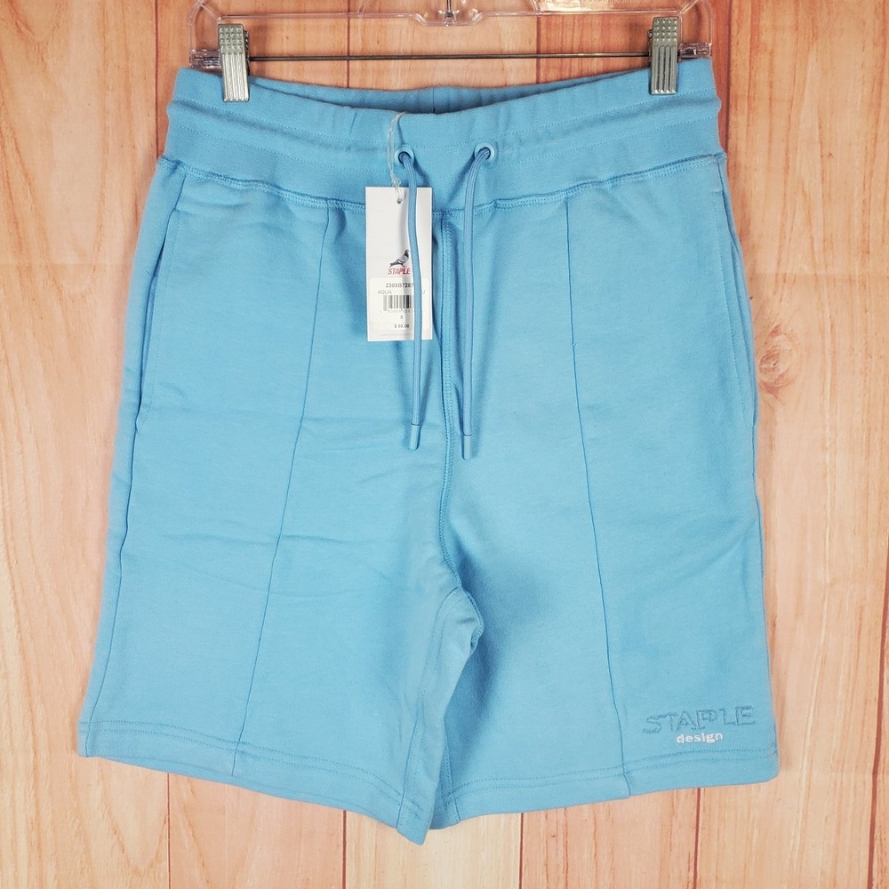 Staple Pigeon Mens Sweatshorts S Blue Spellout Logo Cotton Flat Front Drawstring